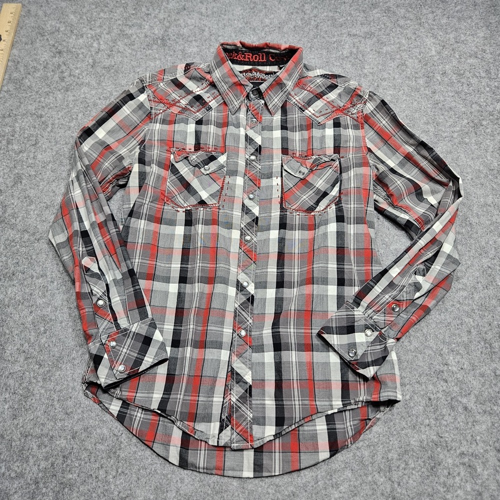 Rock & Roll Cowboy Western Snap Red Gray Plaid Yoked Whipstitch Men's Medium